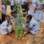 Narhman Okyeame supporting a student to water a tree